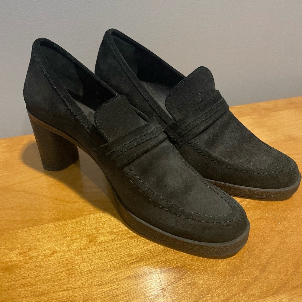 ROBERT CLERGERIE Paris Black Suede Leather Platform Pumps Heeled Loafers